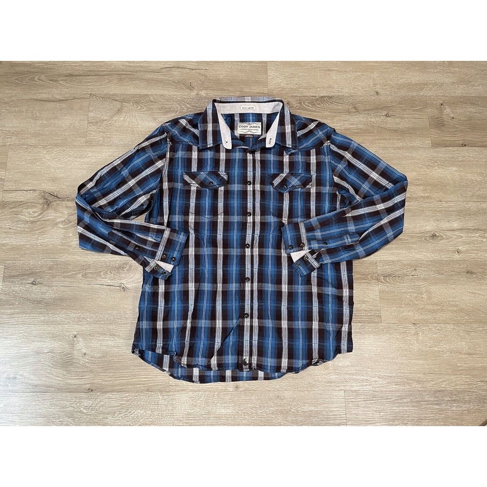 Men's Cody James Button Up Pearl Snap Shirt Sz L Black Blue Plaid Cotton Western